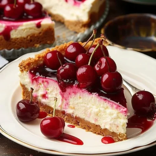 Delicious Philadelphia Cherry Cheesecake topped with fresh cherries