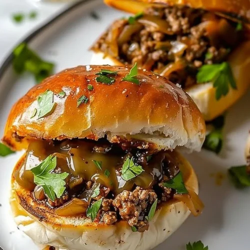 Philly cheesesteak Sloppy Joes served on a plate with toppings
