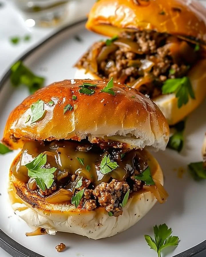 Philly cheesesteak Sloppy Joes served on a plate with toppings