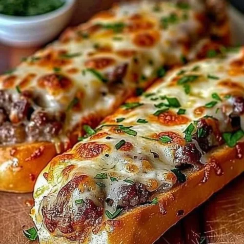 Philly cheesesteak stuffed cheesy breadsticks on a serving plate