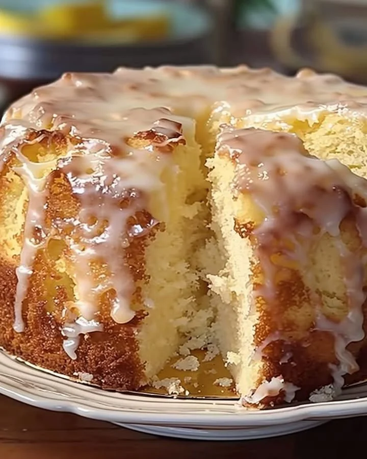 Slice of Pina Colada Pound Cake with coconut and pineapple garnish