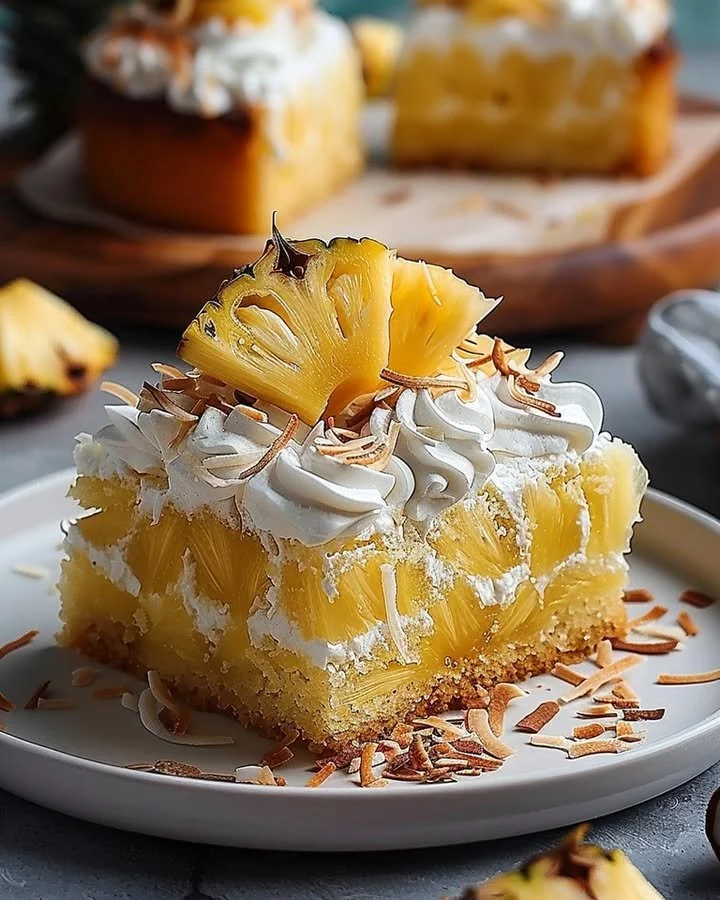 Delicious Pineapple Coconut Cake with tropical flavors and a creamy frosting.