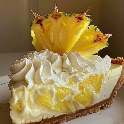 Slice of Pineapple Cream Cheese Pie on a plate with fresh pineapple garnish