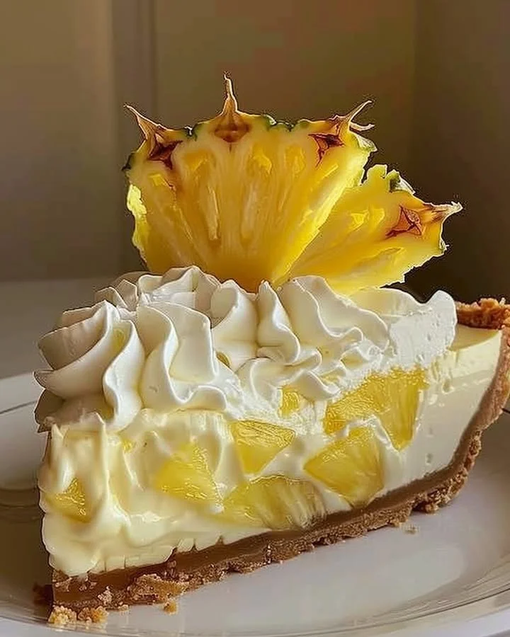 Slice of Pineapple Cream Cheese Pie on a plate with fresh pineapple garnish