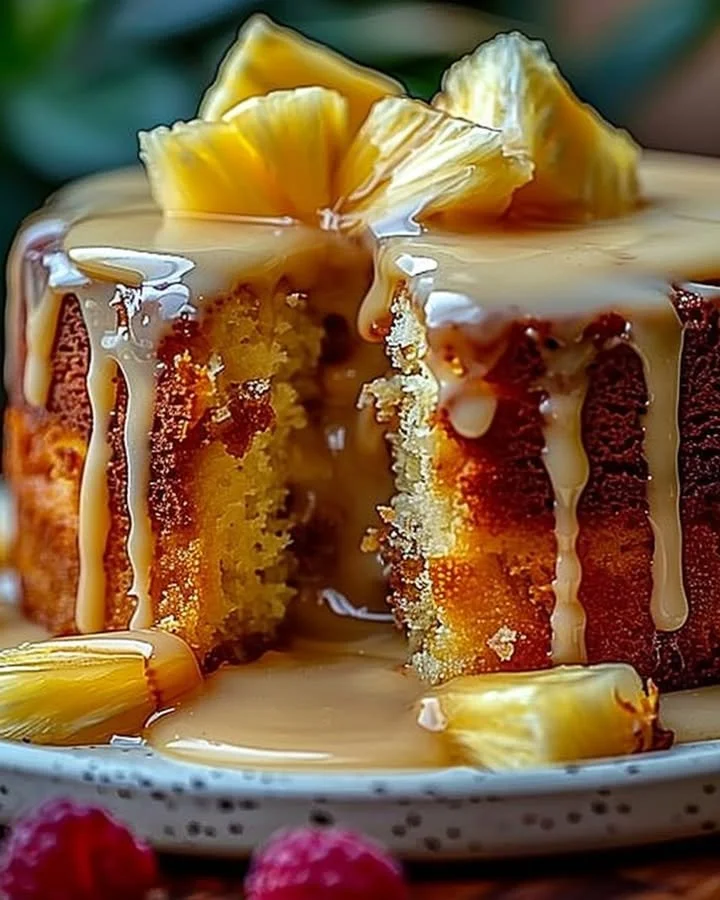 Delicious Pineapple Heaven Cake topped with fresh pineapple and whipped cream