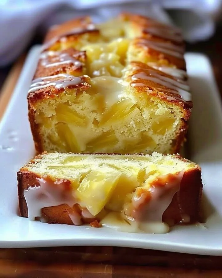 Freshly baked pineapple quick bread loaf on a wooden cutting board