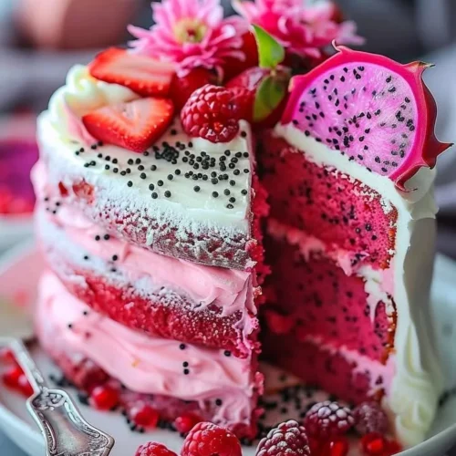 Pink Dragon Fruit Layer Cake beautifully decorated with fresh fruit and cream.