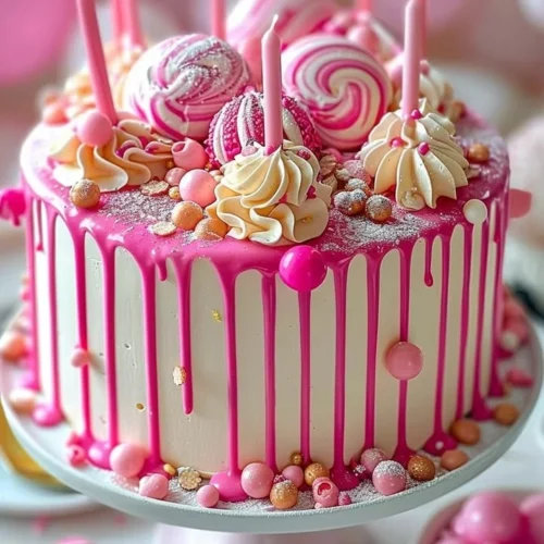 Delicious Pink Drip Cake with vibrant pink frosting and decorative drips