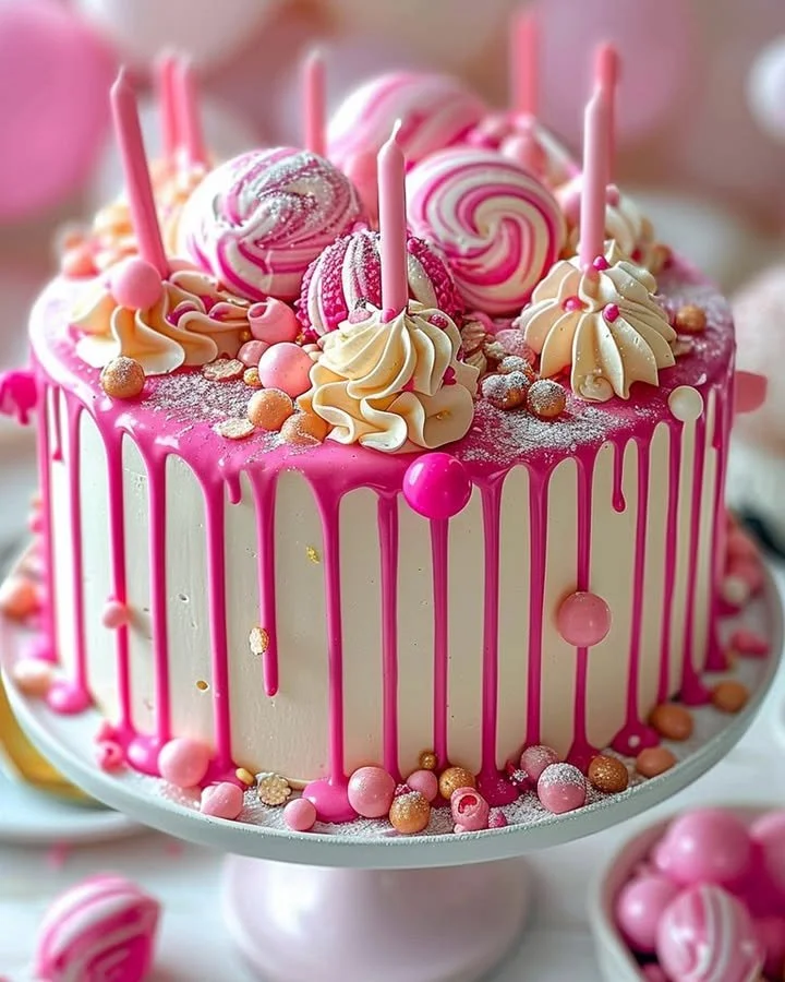 Delicious Pink Drip Cake with vibrant pink frosting and decorative drips