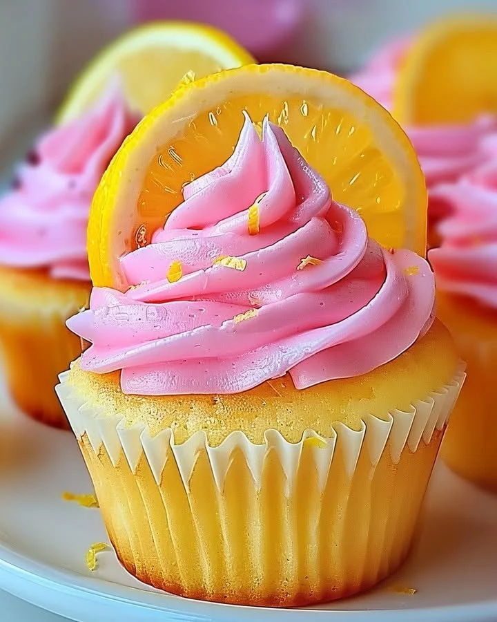 Delicious pink lemonade cupcakes decorated with lemon slices and pink frosting.