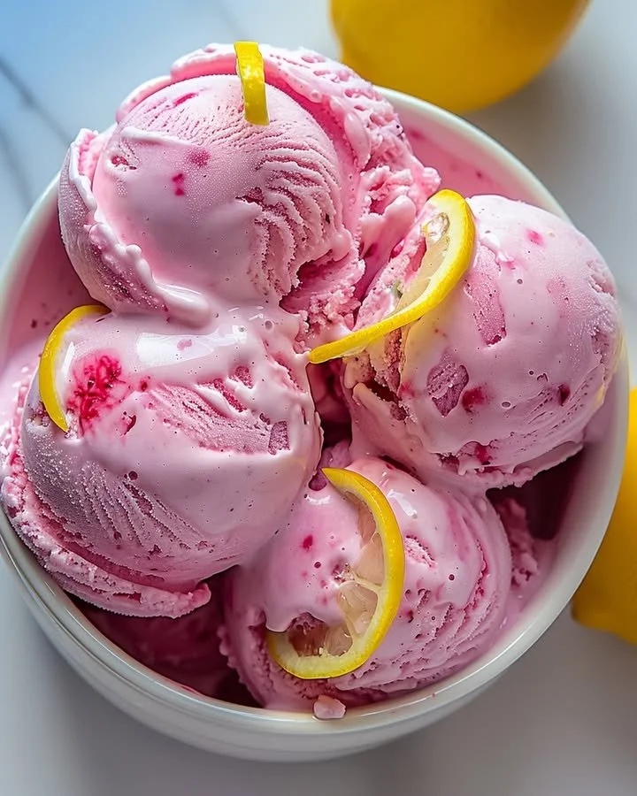 Delicious pink lemonade ice cream served in a bowl