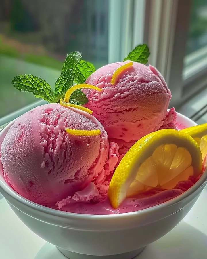 Delicious Pink Lemonade Sorbet served in a bowl with fresh lemon slices