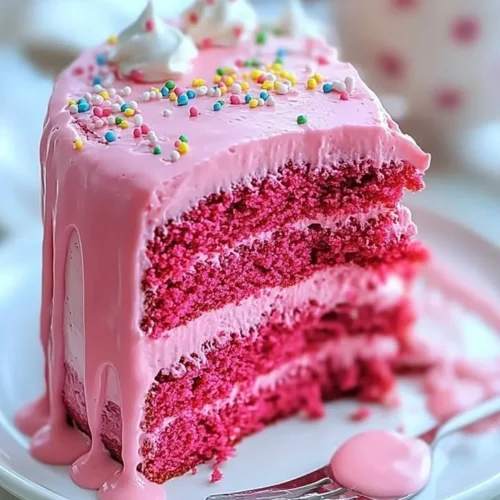 A slice of moist Pink Velvet Cake decorated with cream cheese frosting.