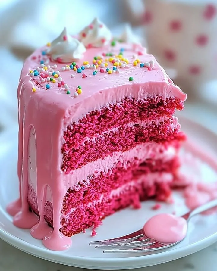 A slice of moist Pink Velvet Cake decorated with cream cheese frosting.