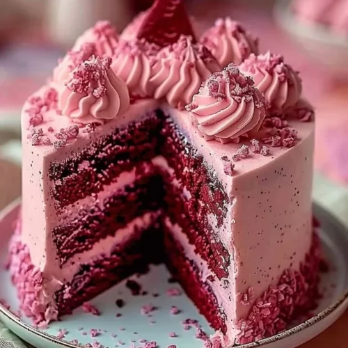 Slice of Pink Velvet Dream Cake topped with cream cheese frosting and sprinkles