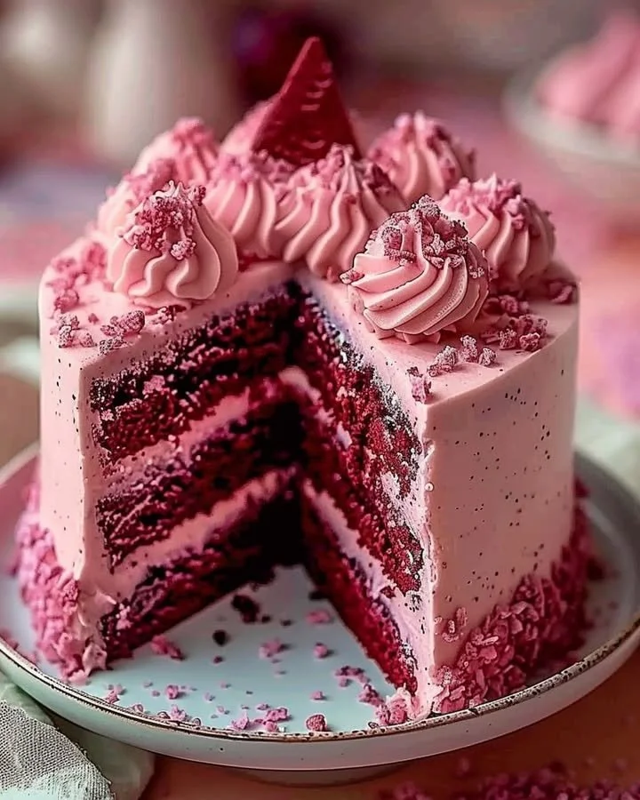 Slice of Pink Velvet Dream Cake topped with cream cheese frosting and sprinkles
