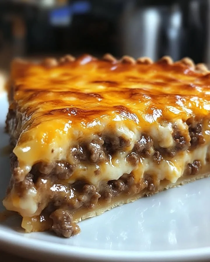 Delicious Pioneer Woman cheeseburger pie baked and ready to serve.