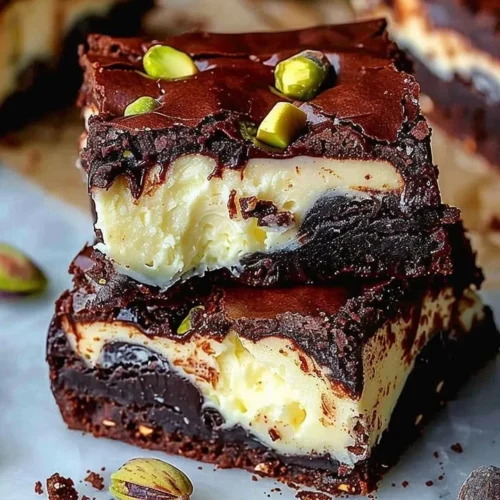 Decadent pistachio cheesecake brownies on a wooden plate
