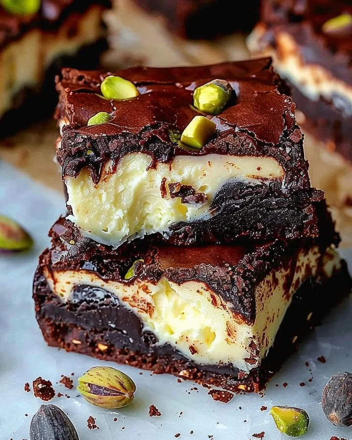 Decadent pistachio cheesecake brownies on a wooden plate