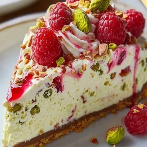 Delicious pistachio raspberry cheesecake topped with fresh raspberries and pistachios.