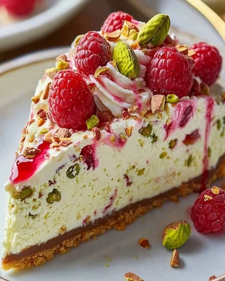 Delicious pistachio raspberry cheesecake topped with fresh raspberries and pistachios.