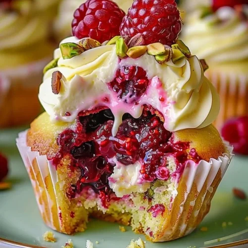 Pistachio Raspberry Cheesecake Cupcakes topped with fresh raspberries and pistachios