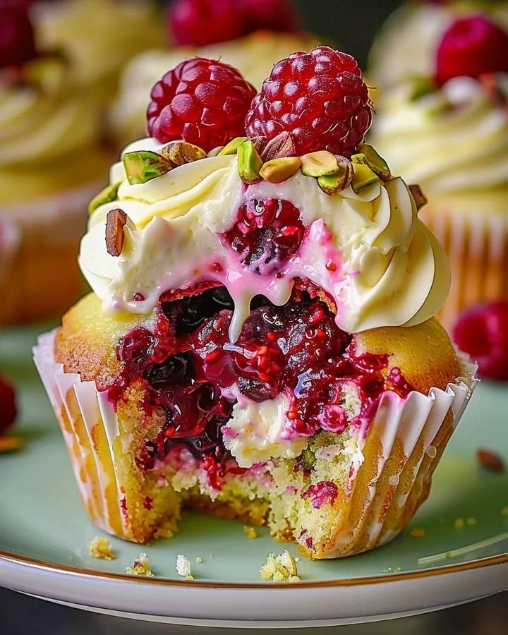 Pistachio Raspberry Cheesecake Cupcakes topped with fresh raspberries and pistachios