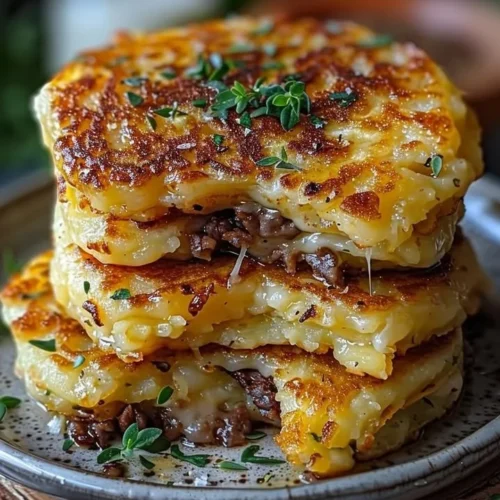 Savory potato pancakes topped with beef and melted cheese on a plate