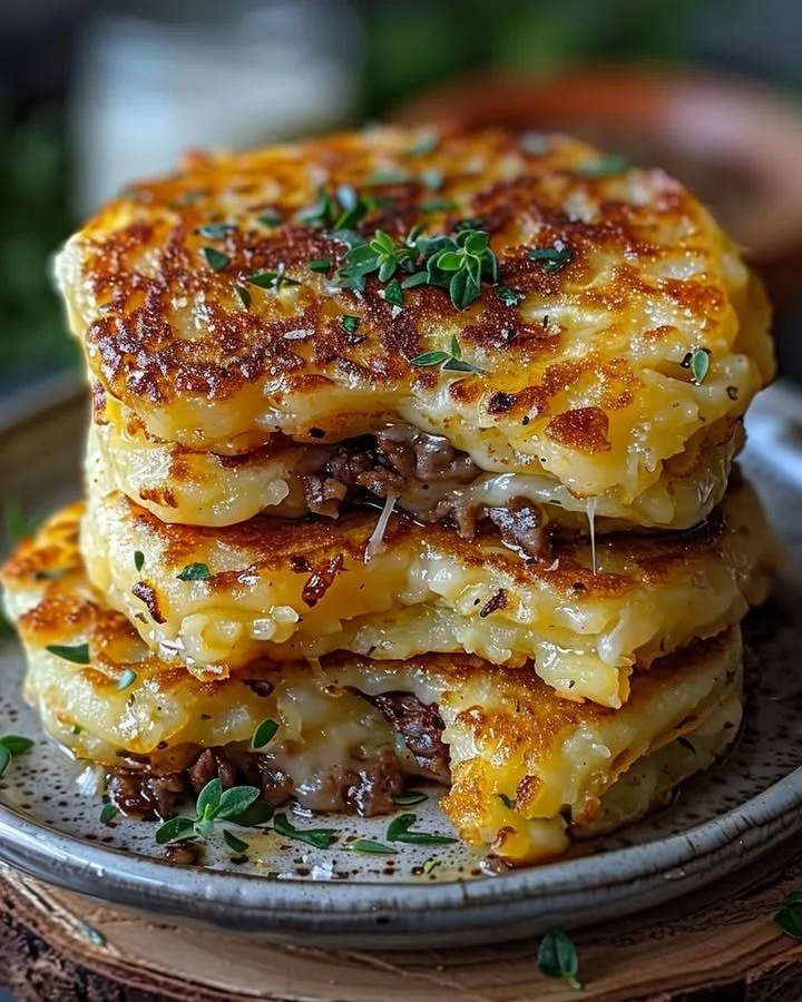 Savory potato pancakes topped with beef and melted cheese on a plate
