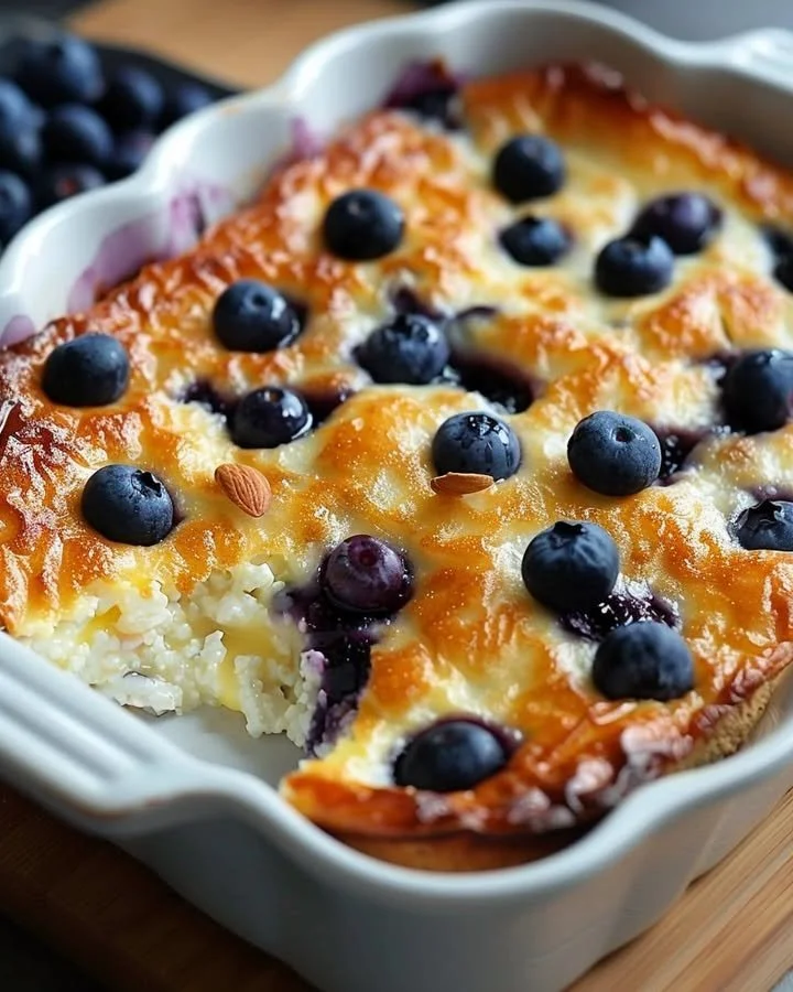 Protein-packed blueberry cottage cheese bake topped with fresh berries