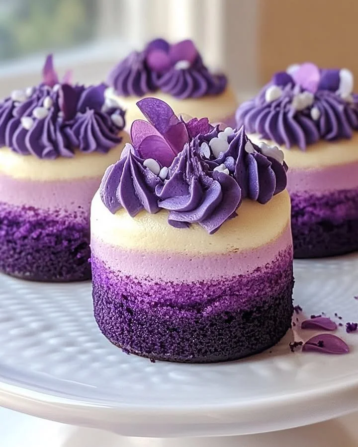Purple Ombre Mini Cakes decorated with beautiful gradient frosting