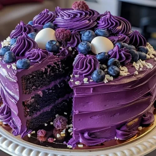 Sliced purple velvet cake with cream cheese frosting on a decorative plate