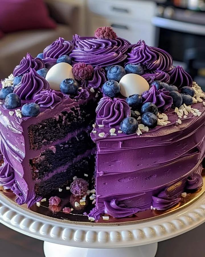Sliced purple velvet cake with cream cheese frosting on a decorative plate