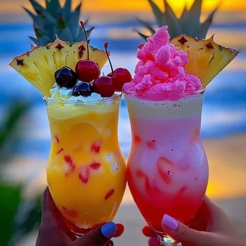 Colorful Rainbow Sherbet Piña Colada in a tropical setting