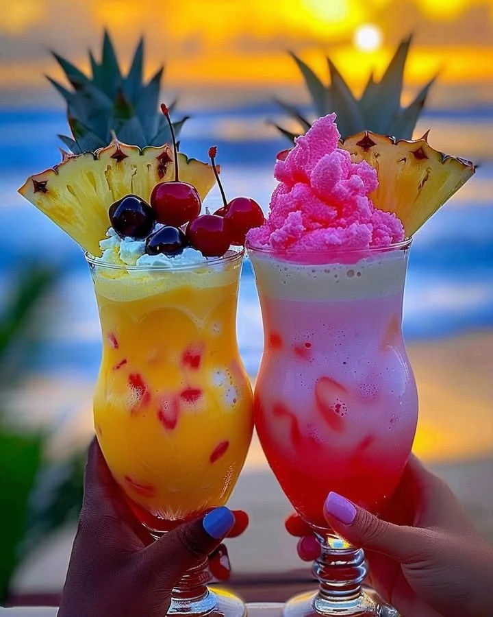 Colorful Rainbow Sherbet Piña Colada in a tropical setting