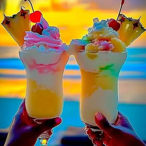 Refreshing Rainbow Sherbet Piña Colada served in a tropical glass