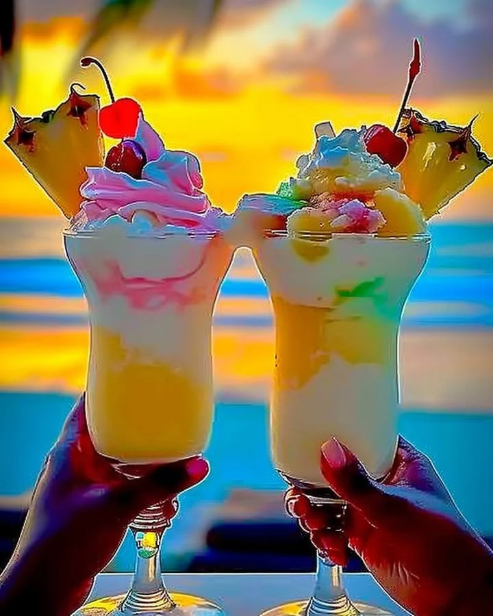 Refreshing Rainbow Sherbet Piña Colada served in a tropical glass