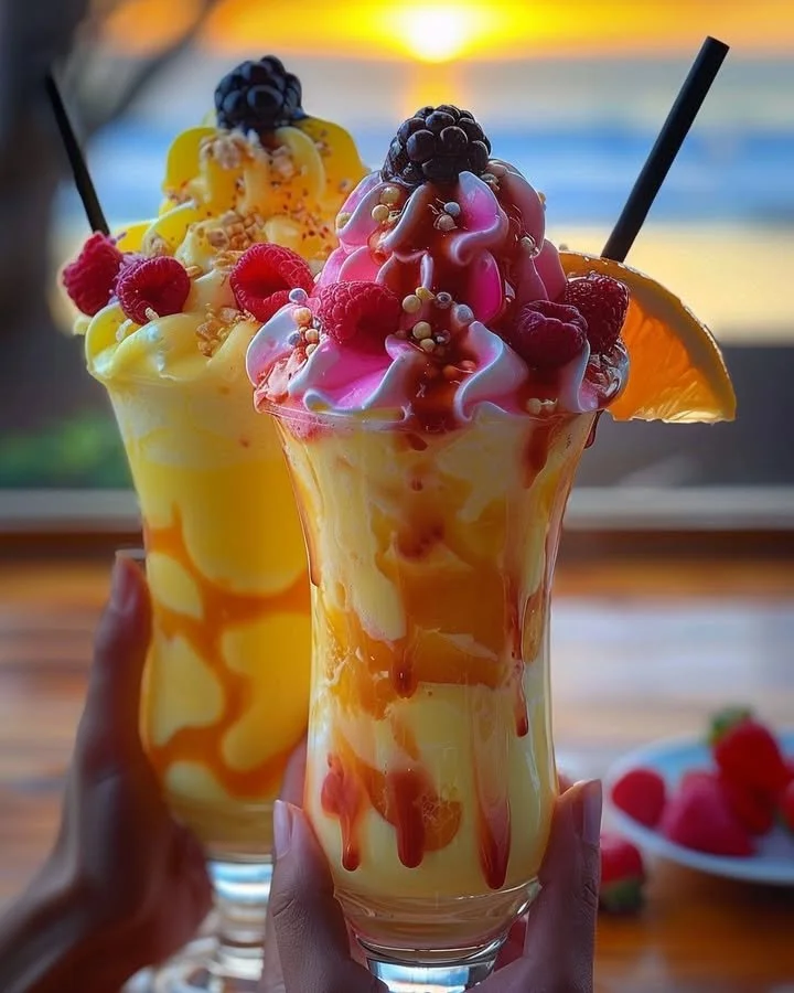 Colorful Rainbow Sherbet Piña Colada smoothie in a glass with fruit garnishes