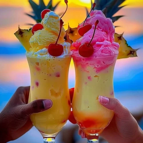 Colorful Rainbow Sherbet Piña Colada served in a coconut with tropical garnishes