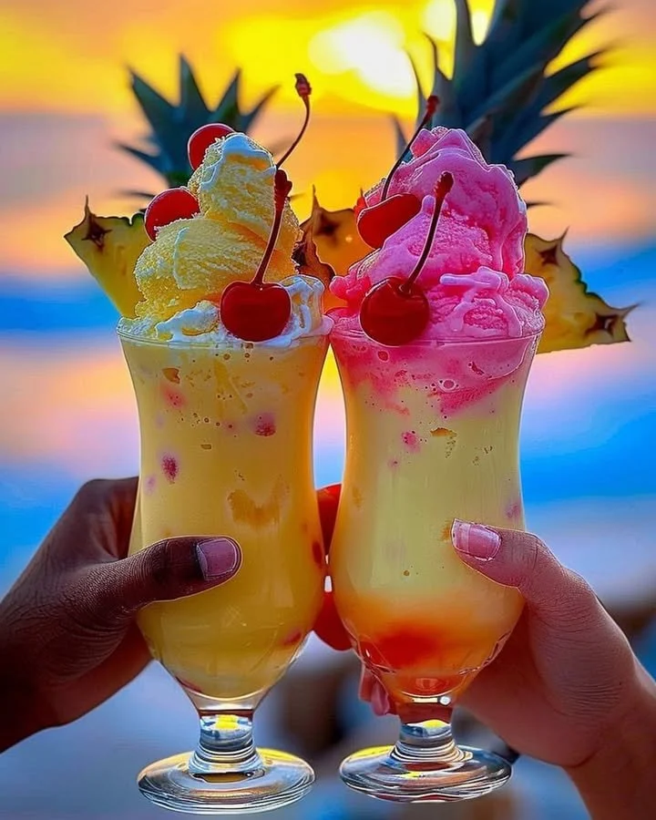 Colorful Rainbow Sherbet Piña Colada served in a coconut with tropical garnishes