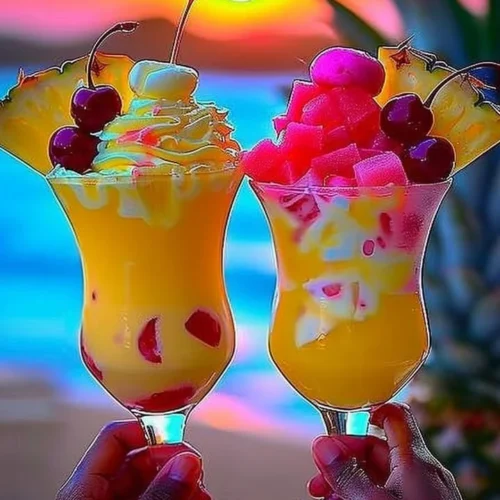 Colorful Rainbow Sherbet Piña Colada in a tropical glass garnished with fruit.