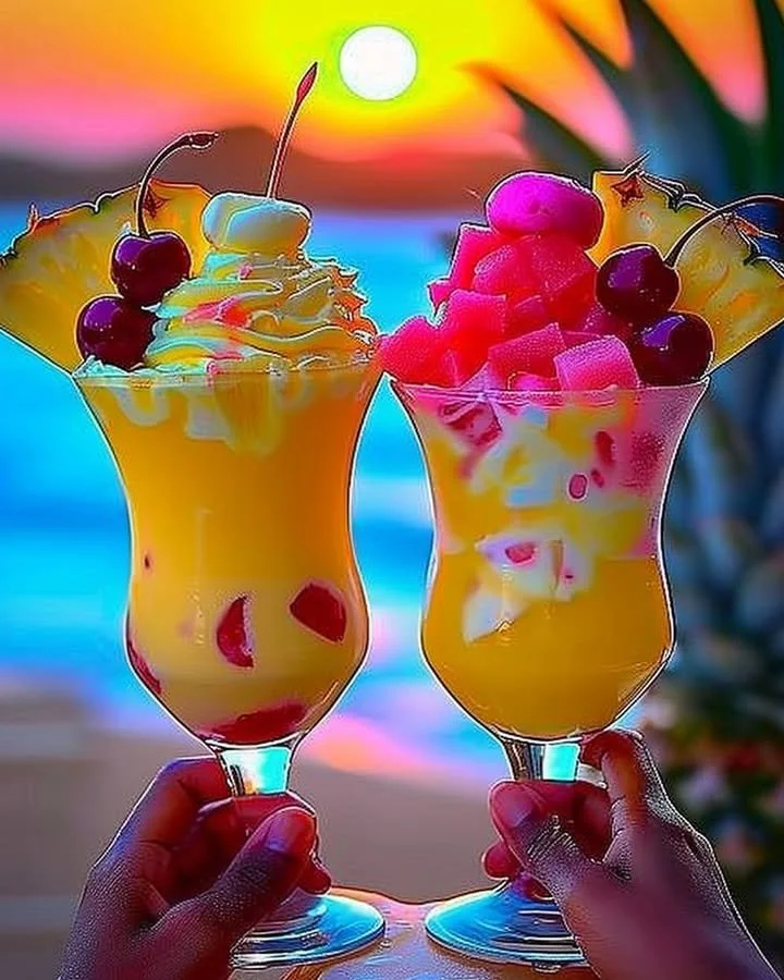 Colorful Rainbow Sherbet Piña Colada in a tropical glass garnished with fruit.