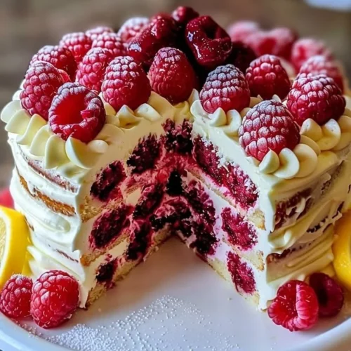 Raspberry Cake with Lemon Buttercream topped with fresh raspberries