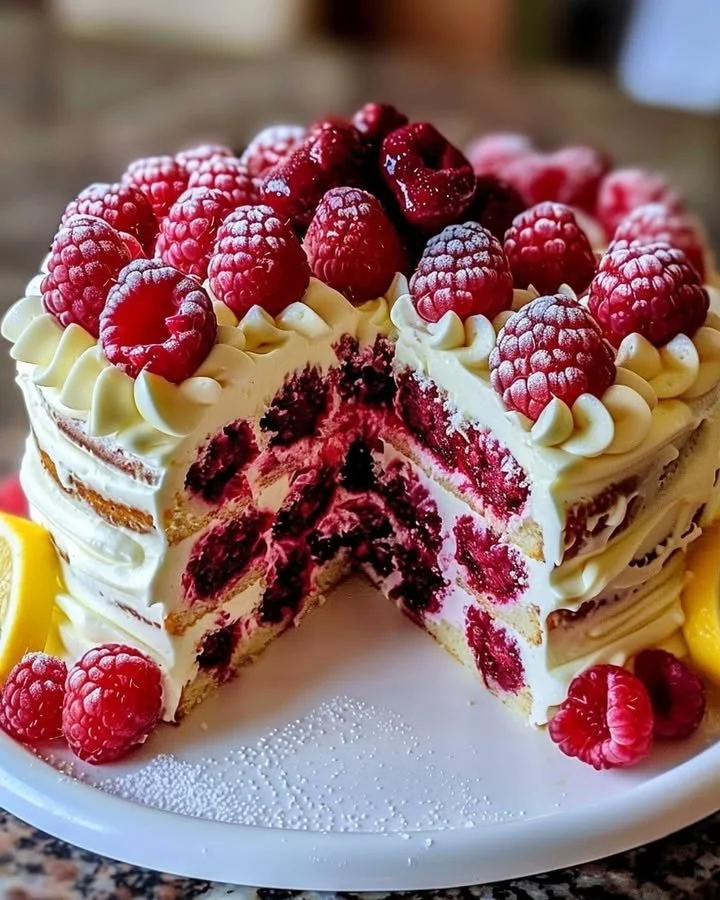 Raspberry Cake with Lemon Buttercream topped with fresh raspberries