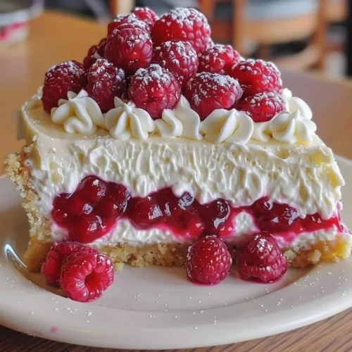 Delicious Raspberry Cheesecake Pie topped with fresh raspberries
