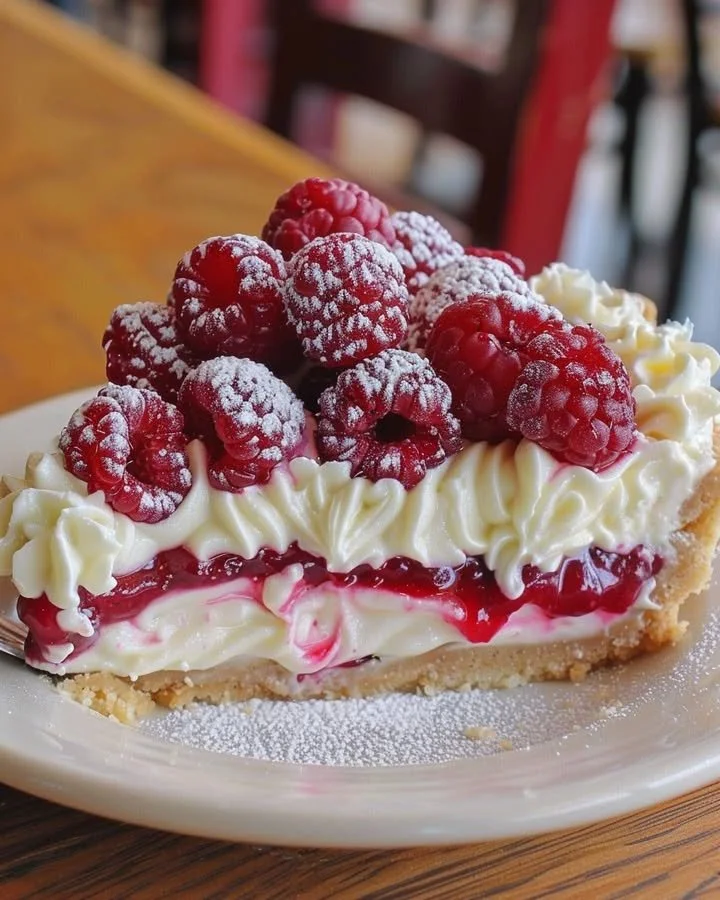 Sliced Raspberry Cheesecake Pie with fresh raspberries on a plate