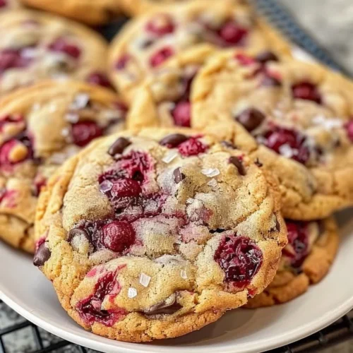 Fresh raspberry chocolate chip cookies on a baking tray