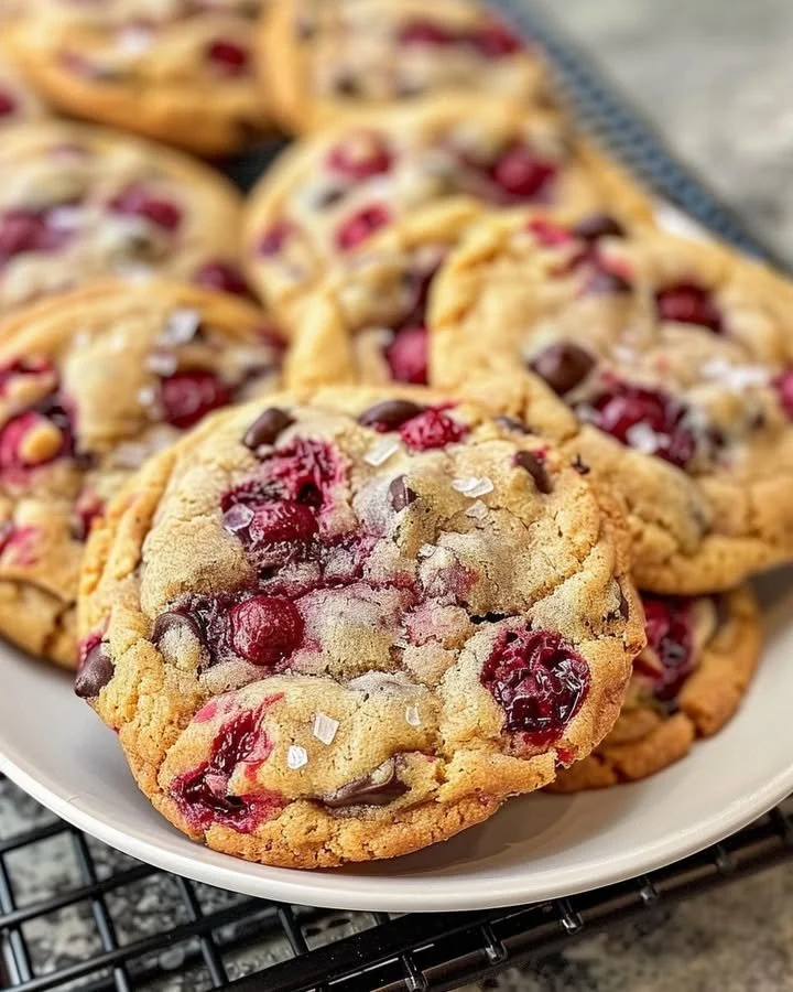 Fresh raspberry chocolate chip cookies on a baking tray