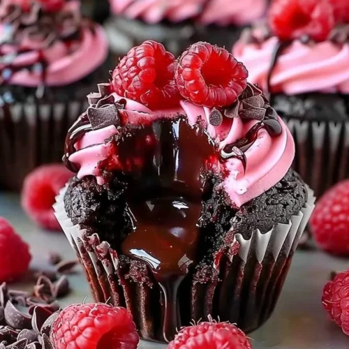 Raspberry Chocolate Lava Cupcakes with melting chocolate center