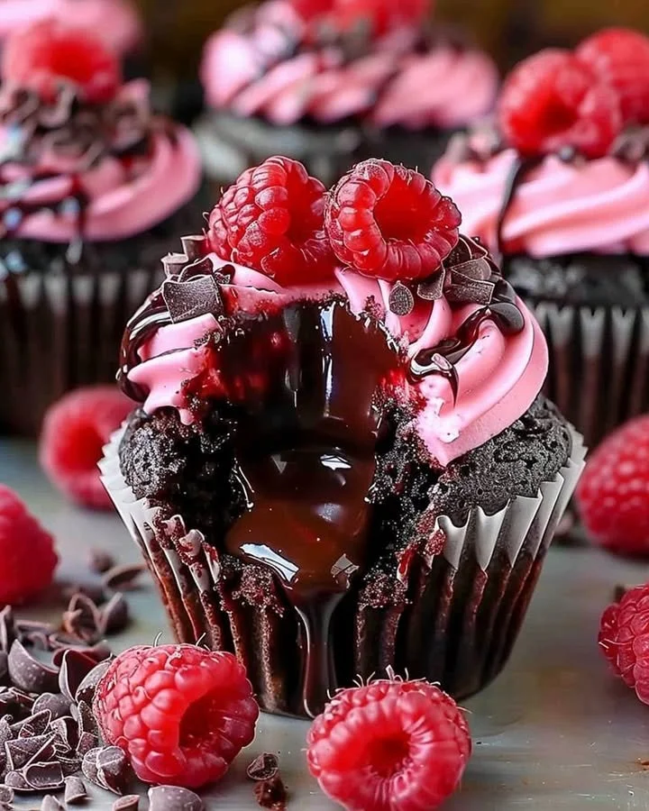 Raspberry Chocolate Lava Cupcakes with melting chocolate center